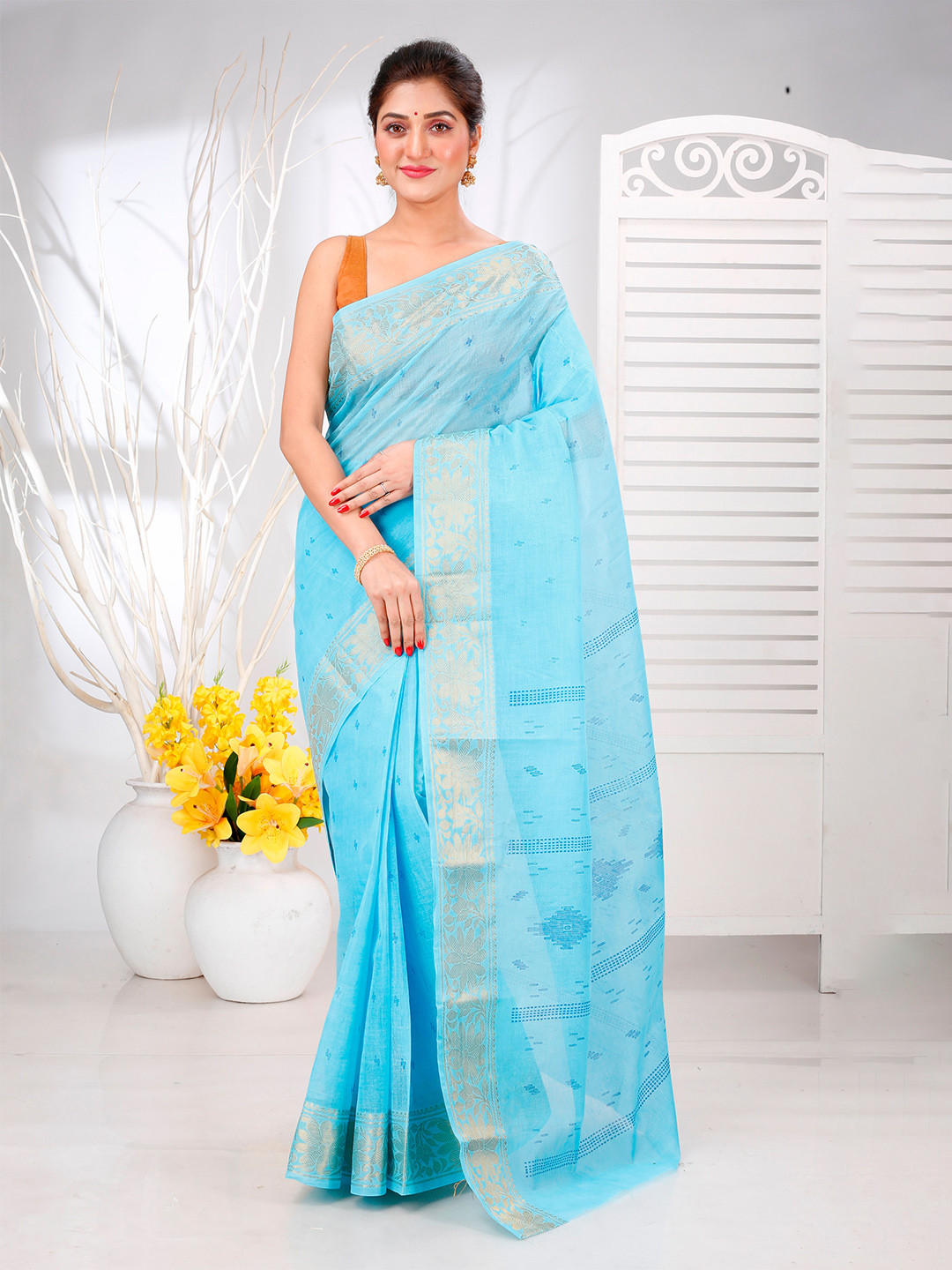 PuJoy Woven Design Zari Pure Cotton Taant Saree