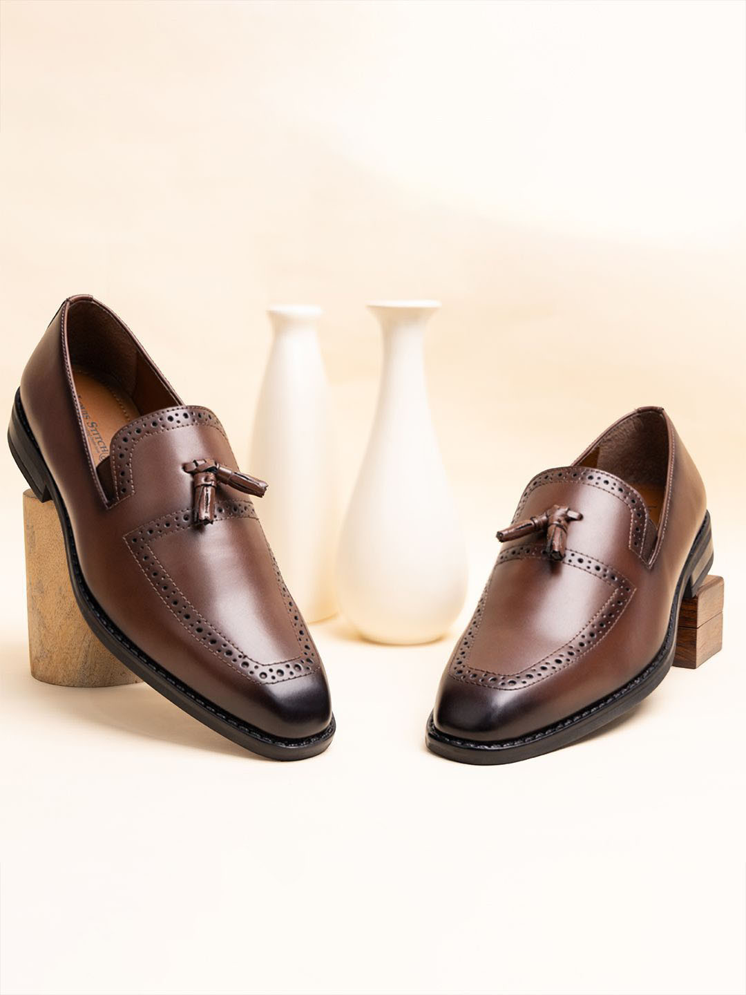 LOUIS STITCH Men Tan Formal Slip-On Tassel Moccasin Shoes