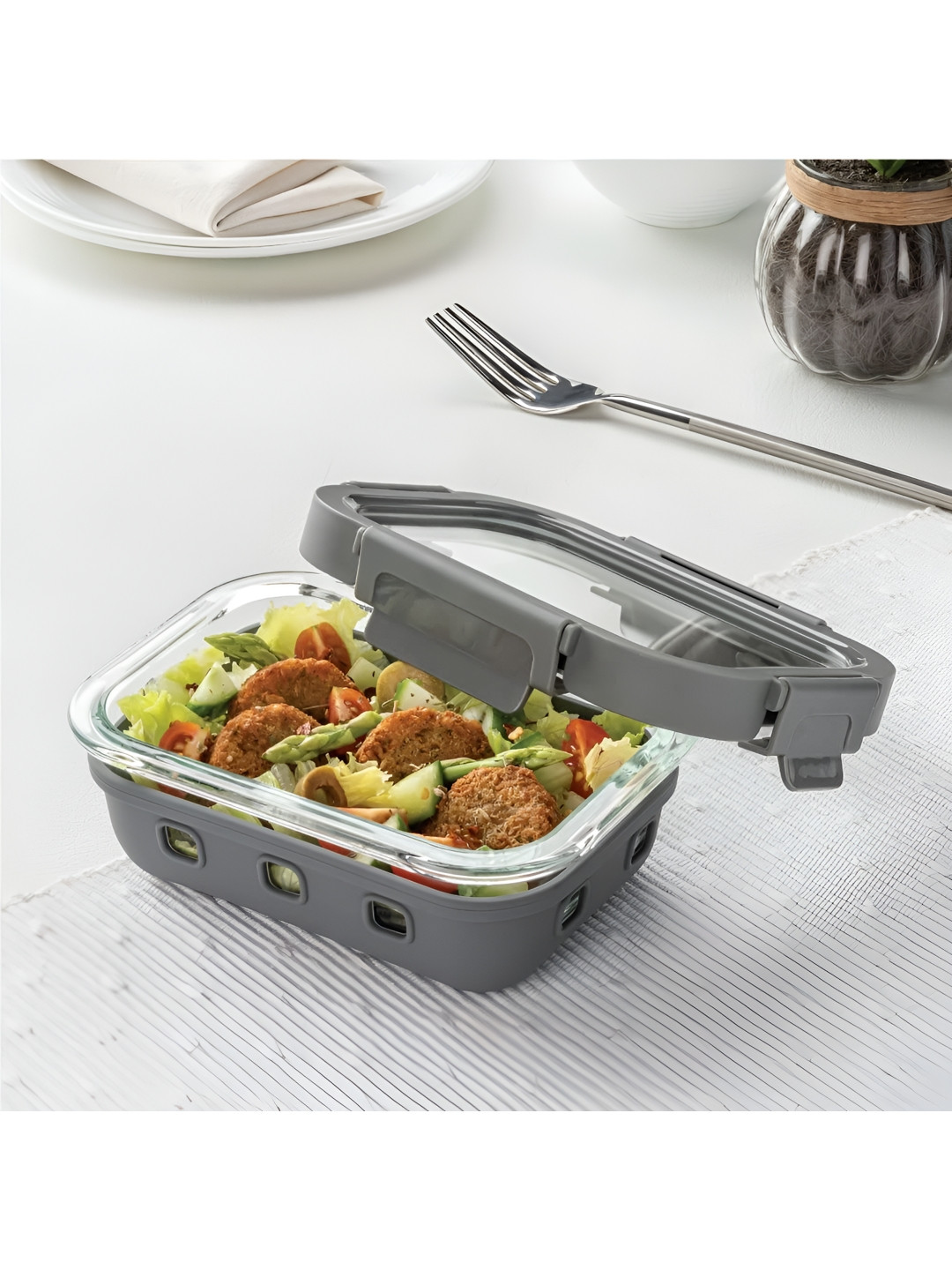 BOROSIL Grey Klip-N-Store Glass Lunch Box With Air-Tight Lid-370ml