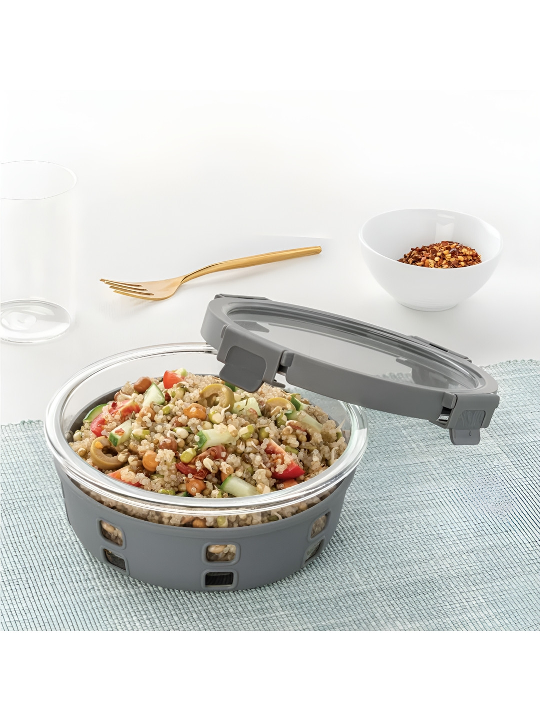 BOROSIL Klip-N-Store Plus Grey Solid Plastic Airtight 1PCs Lunch Box With Spoon and Fork