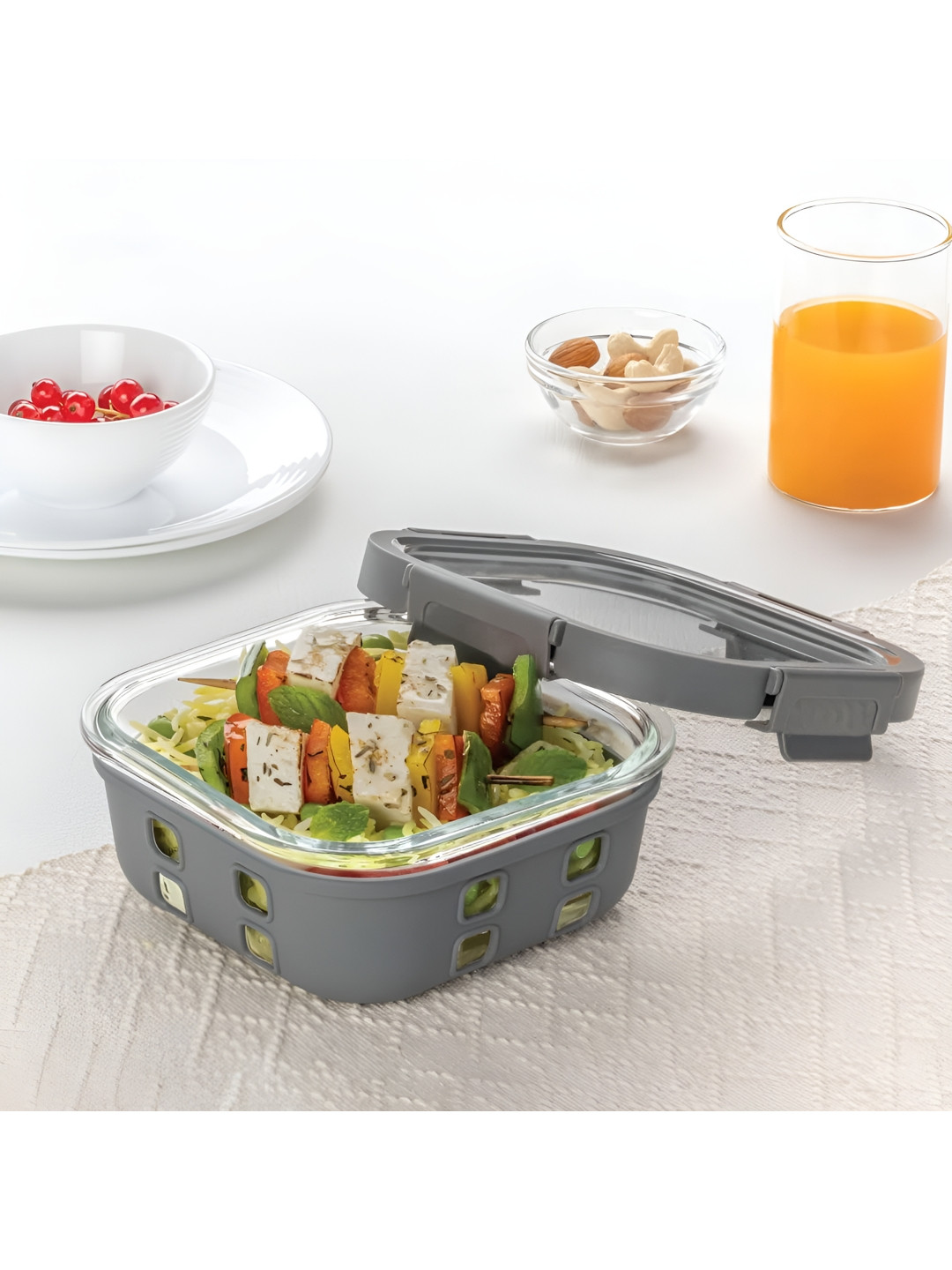 BOROSIL Klip-N-Store Plus Grey Solid Plastic Airtight 1PCs Lunch Box With Spoon and Fork