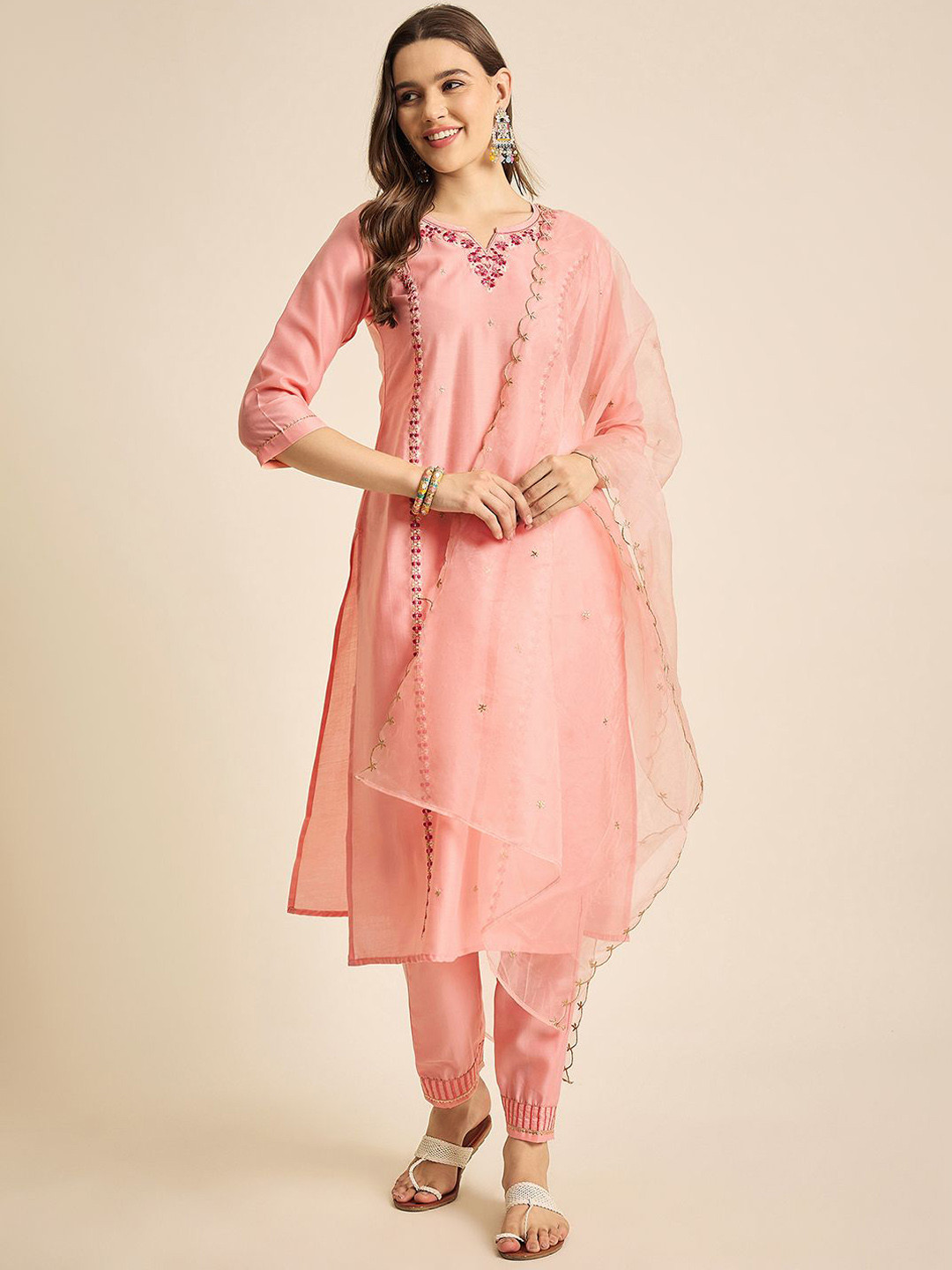 SheWill Peach Embroidered Notch Neck Thread Work Straight Kurta With Trousers & Dupatta