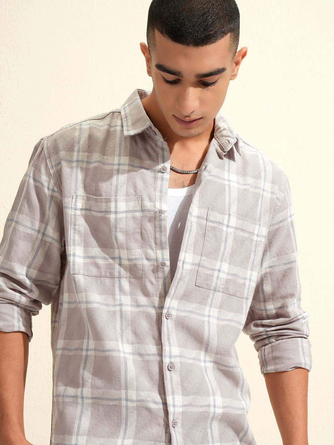 HIGHLANDER Men Tan Dobby Textured Checked Stylised Pocket Relaxed Shirt