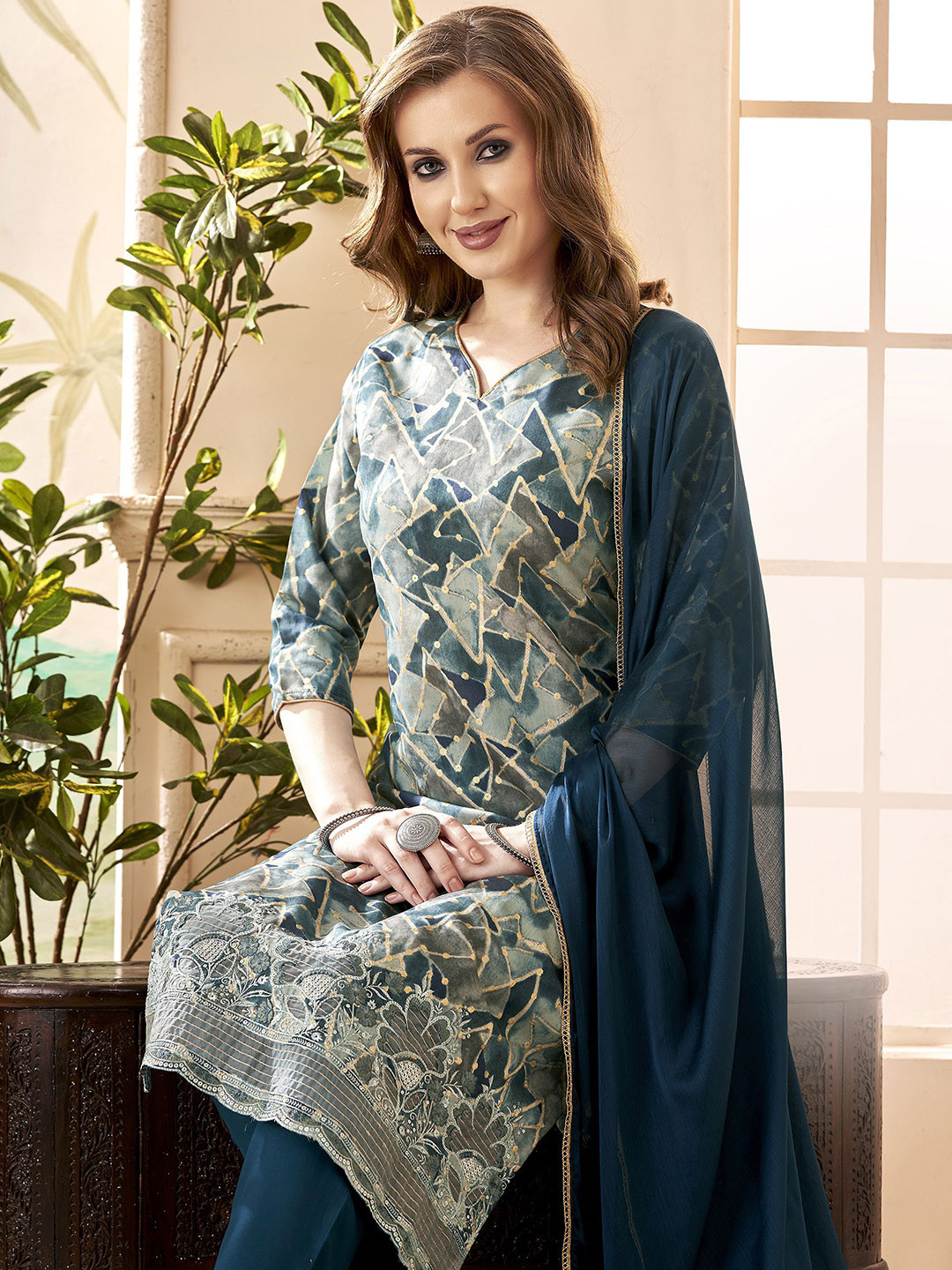 Anouk Navy Blue Printed Patchwork Chanderi Silk Straight Kurta With Trousers &Dupatta