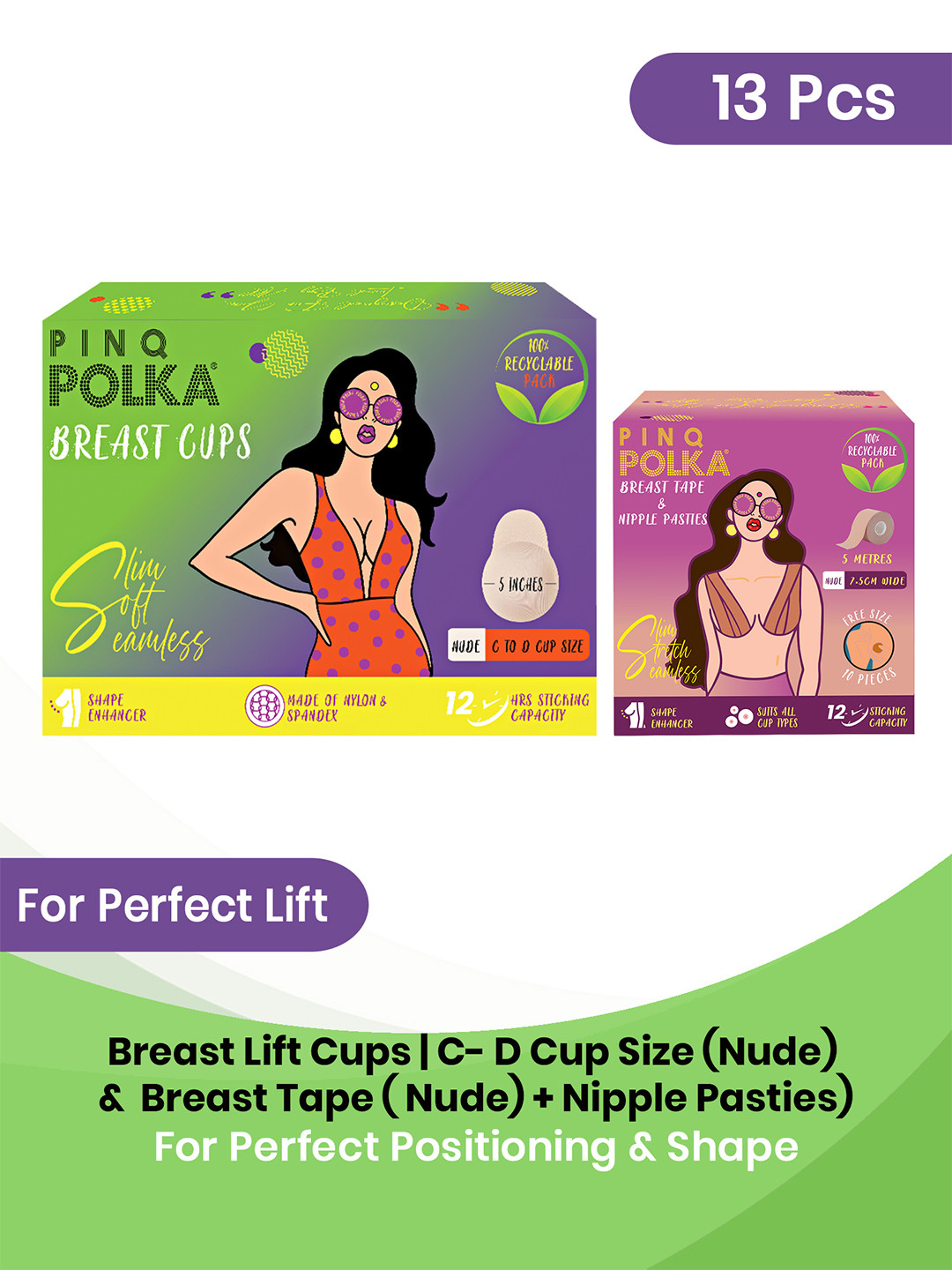 PINQ POLKA 2 Pcs Nude Reusable Breast Lift C-D Cup Boob Tape & Invisible Breast Lift Tape (7.5 cm)