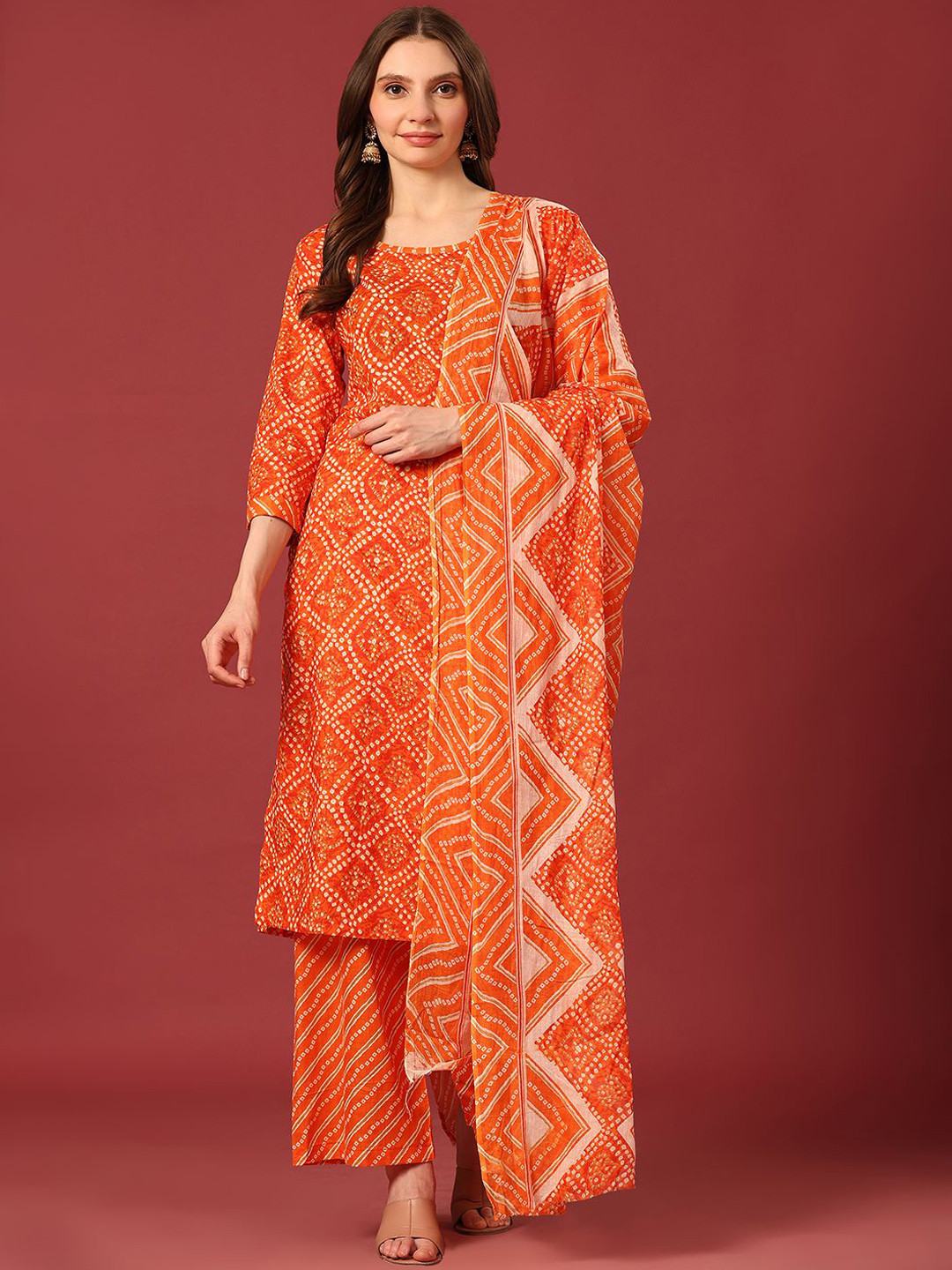 Poshak Hub Round Neck Bandhani Printed Pure Cotton Kurta with Palazzo & Dupatta