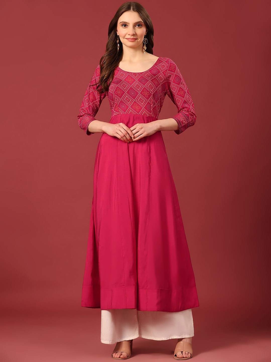 Poshak Hub Women Bandhani Yoke Design Anarkali Kurta