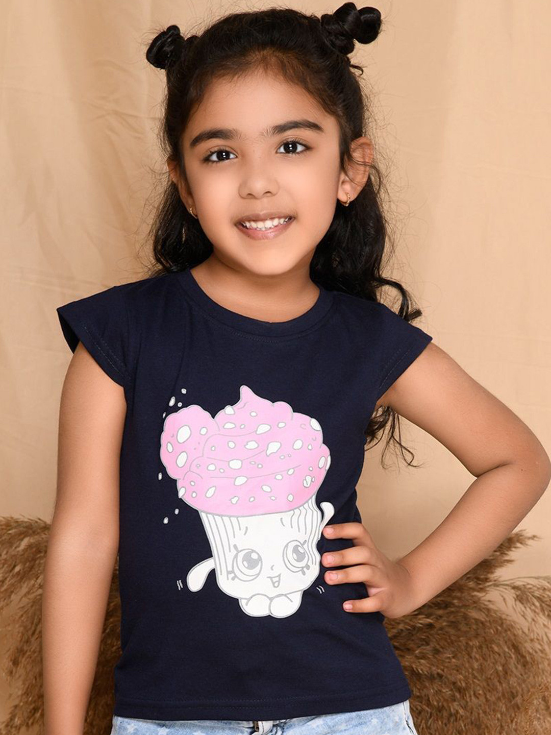 Kids Cave Girls Graphic Printed Cap Sleeves Cotton T-shirt