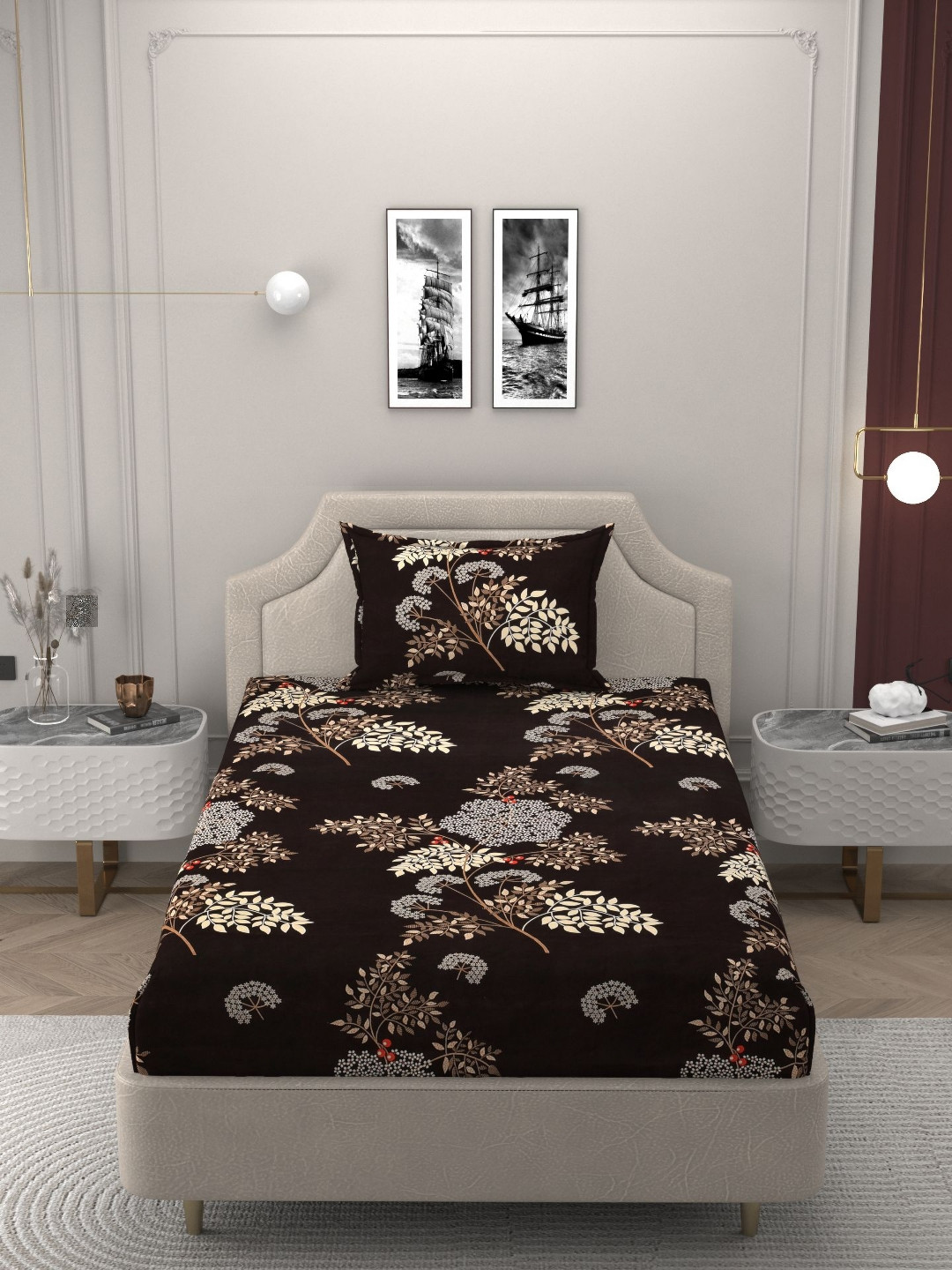 BELVOSTUM Coffee Brown Floral Cotton Single Fine Bedsheet a Pillow Cover-59 x 87 inches