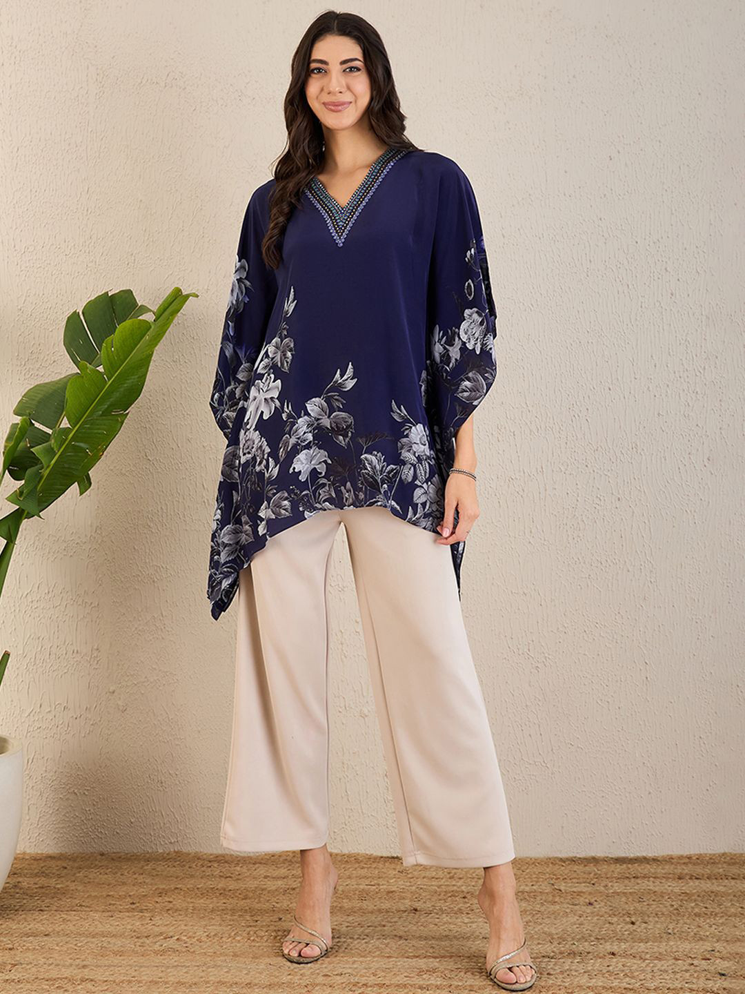 First Resort by Ramola Bachchan Floral Printed Kimono Sleeve Longline Kaftan Top