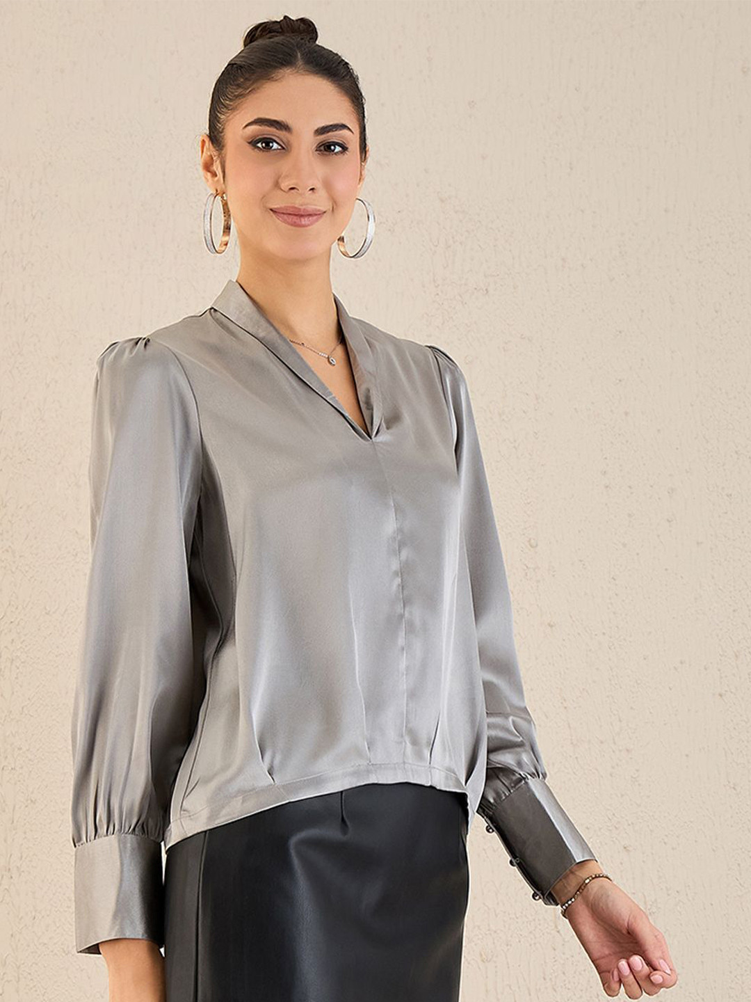 First Resort by Ramola Bachchan Sheen V-neck Satin Solid Top