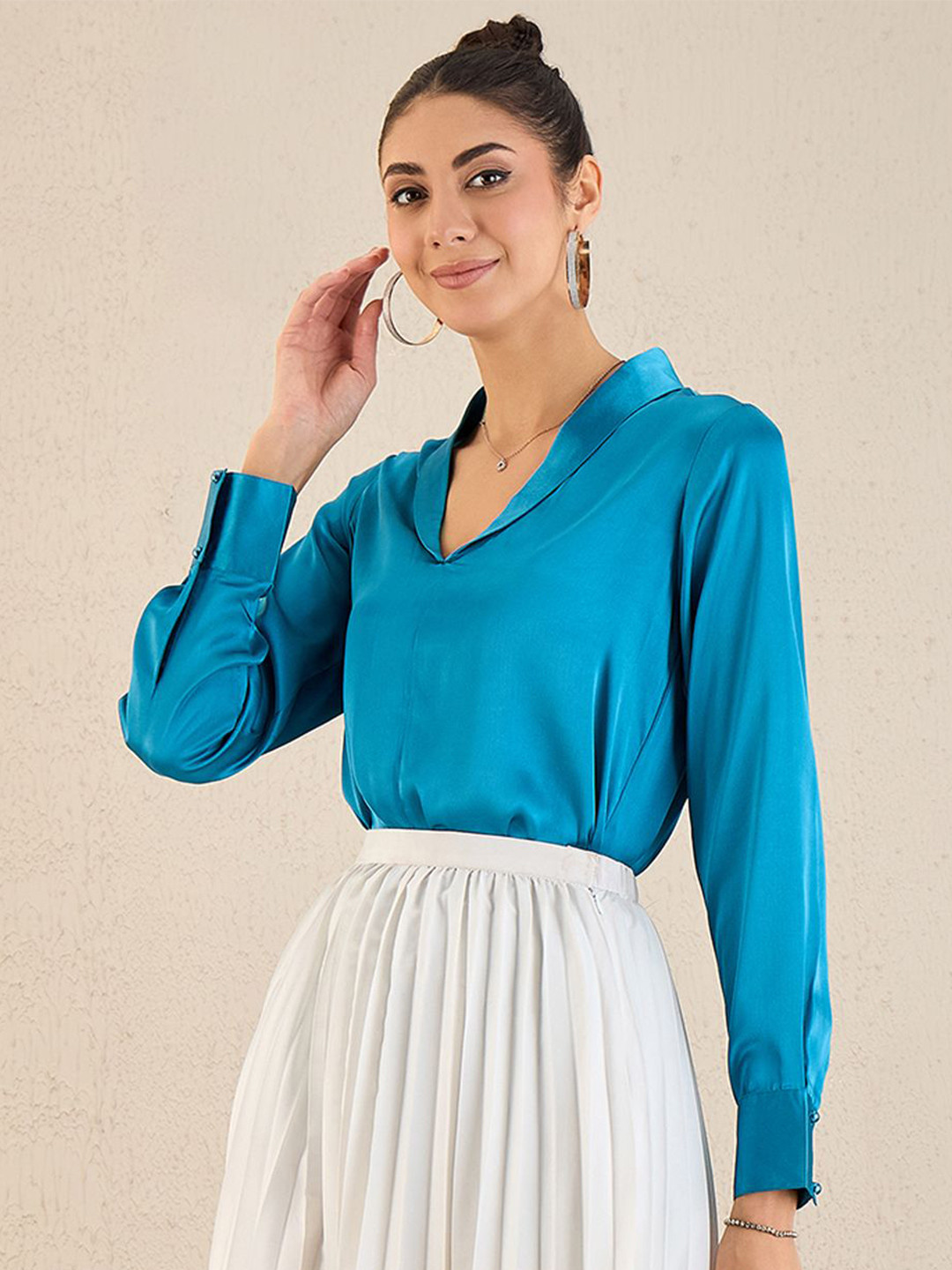 First Resort by Ramola Bachchan Sheen V-neck Satin Solid Top