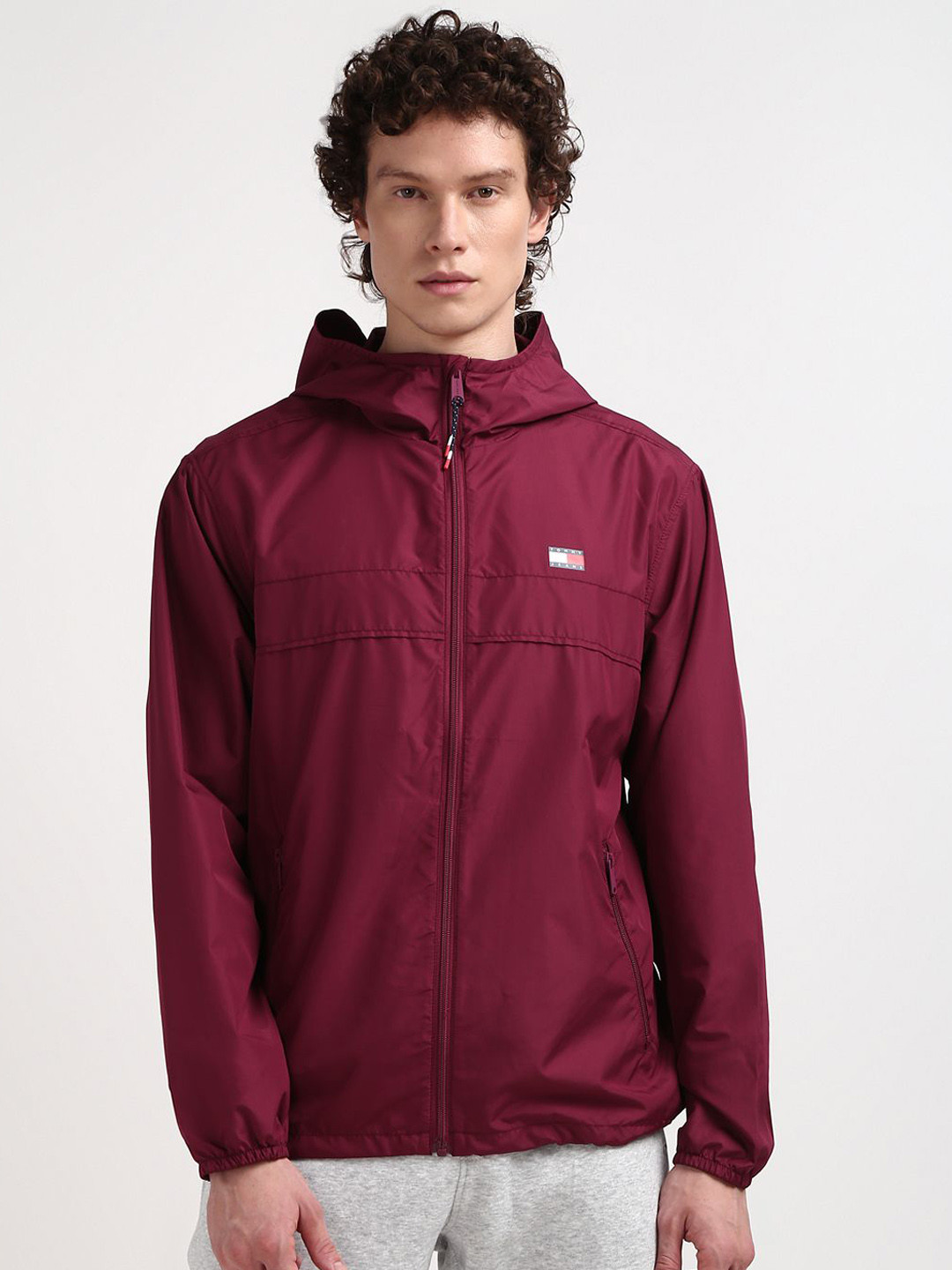 Tommy Hilfiger Men Wine Solid Hooded Open Front Jacket