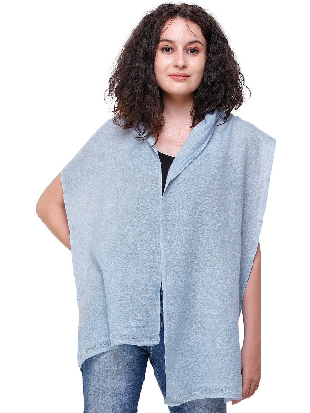 Exotic India Aquamarine Plain Pure Pashmina Scarf with All-Over Weave