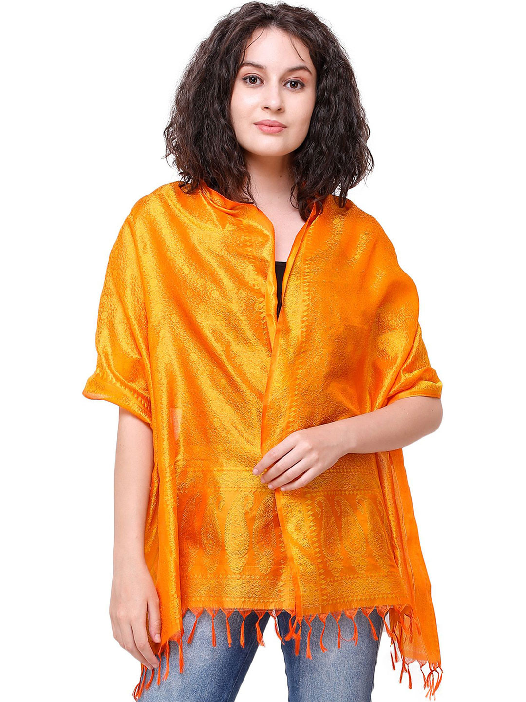 Exotic India Orange Popsickle Pure Silk All-Over Tanchoi Weave Banarasi Handloom Scarf