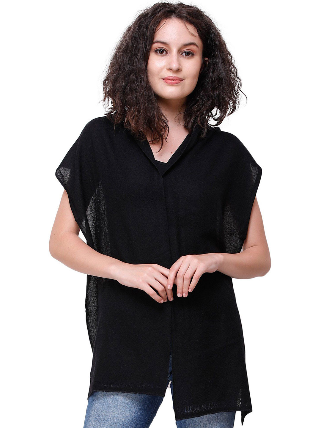 Exotic India Caviar Black Plain Pure Pashmina Scarf with All-Over Weave