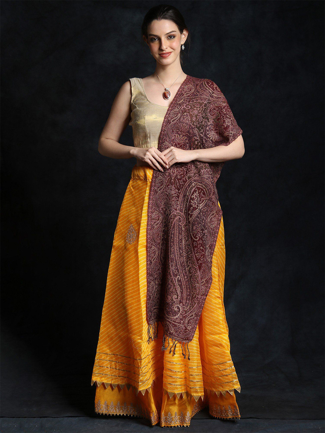 Exotic India Cowhide Pure Wool Reversible Jamawar Scarf with Woven Paisleys