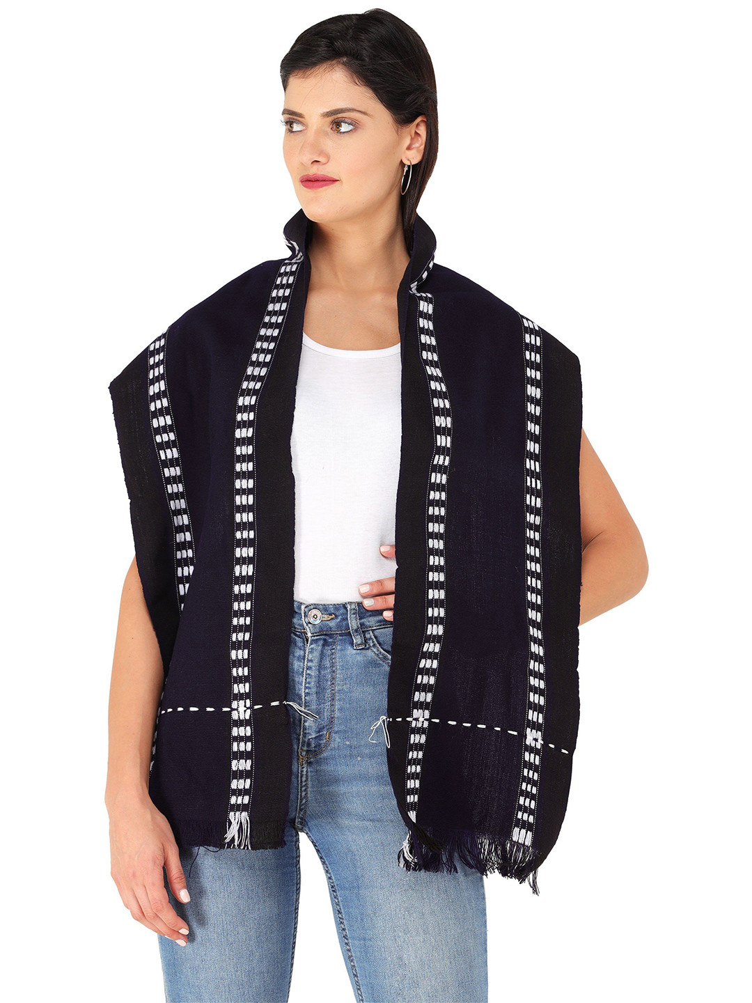 Exotic India Onyx Black Thread Weave on Border Cotton Manipur Style Leirum Scarf