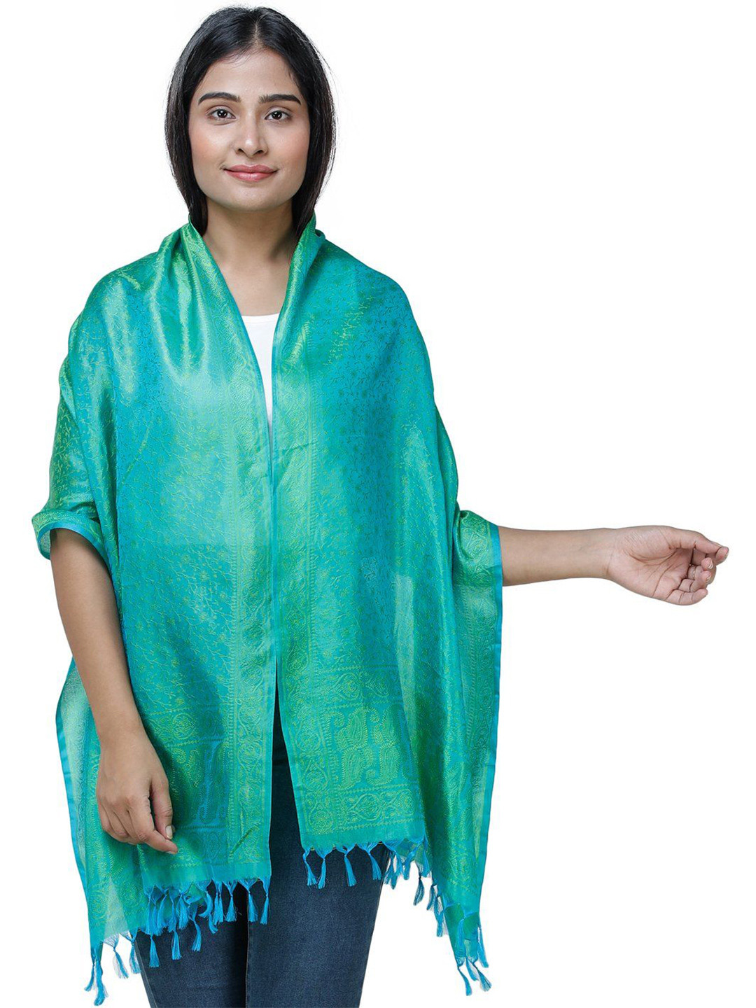 Exotic India Dynasty Green Pure Silk All-Over Tanchoi Weave Banarasi Handloom Scarf