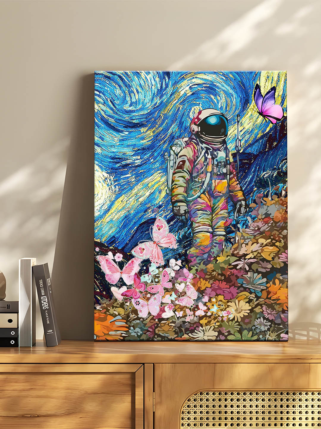 Art Street Blue & Pink Canvas Space Astronaut Graffiti Butterfly Wall Art