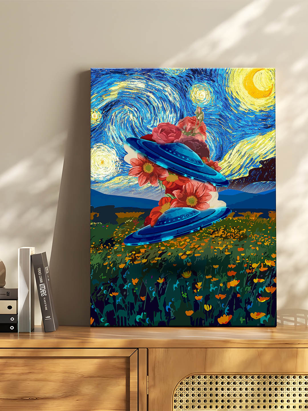 Art Street Red & Blue Canvas Flying UFO Graffiti Floral Wall Art