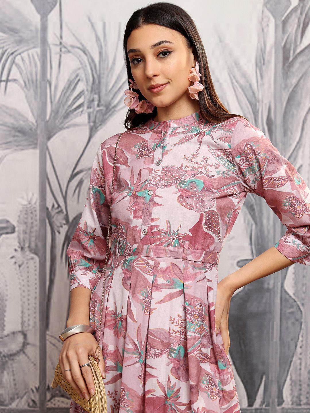 Vishudh Round Neck Cuff Sleeves Pleated Floral Embellished Midi Dress
