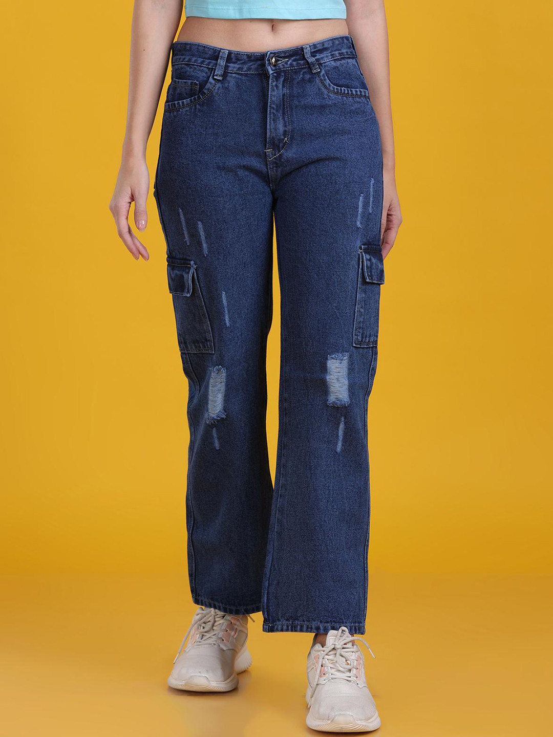 The Dance Bible Women Straight Fit Mildly Distressed Light Fade Cargo Jeans