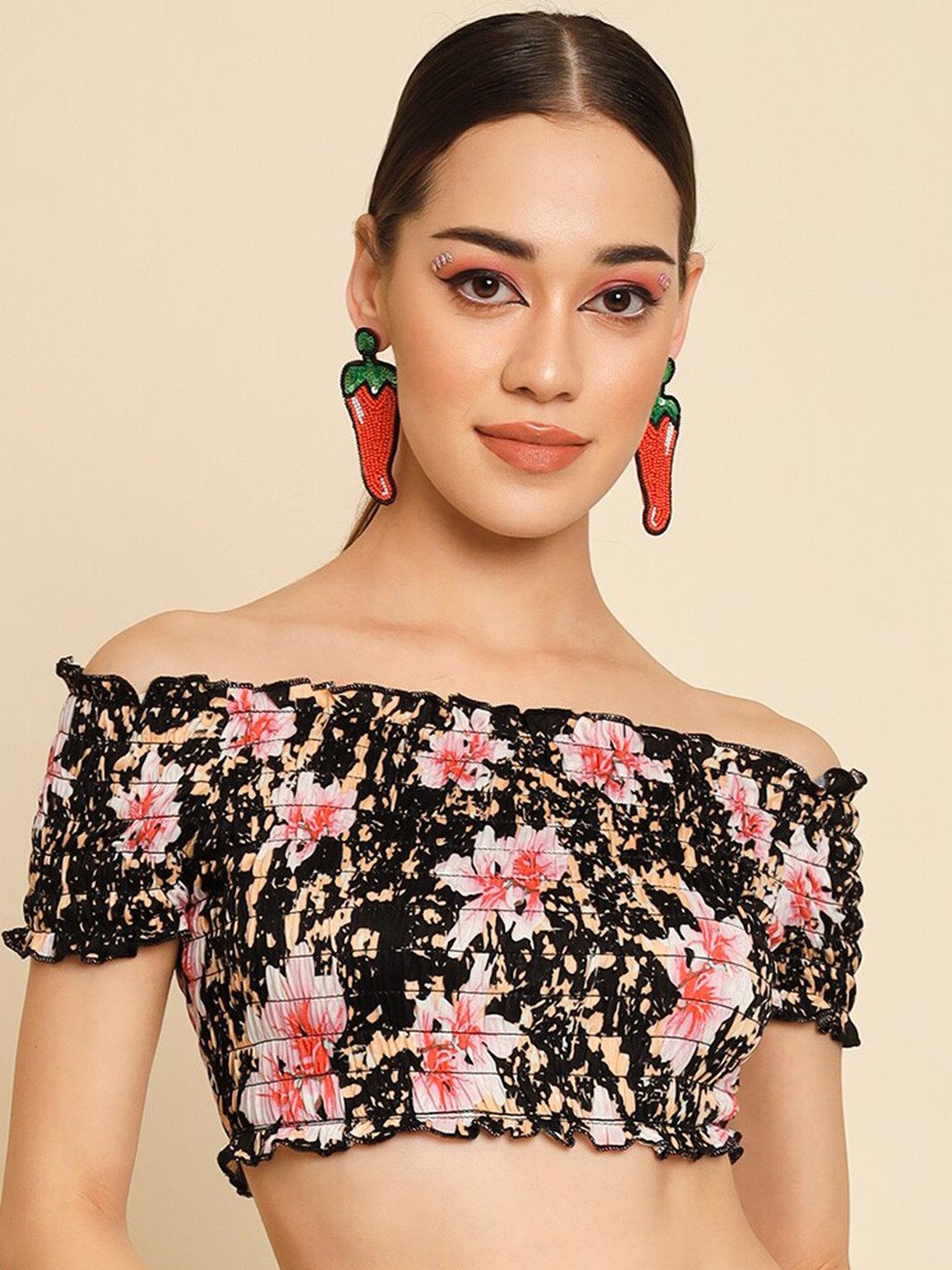 TANDUL Floral Print Off-Shoulder Bardot Crop Top