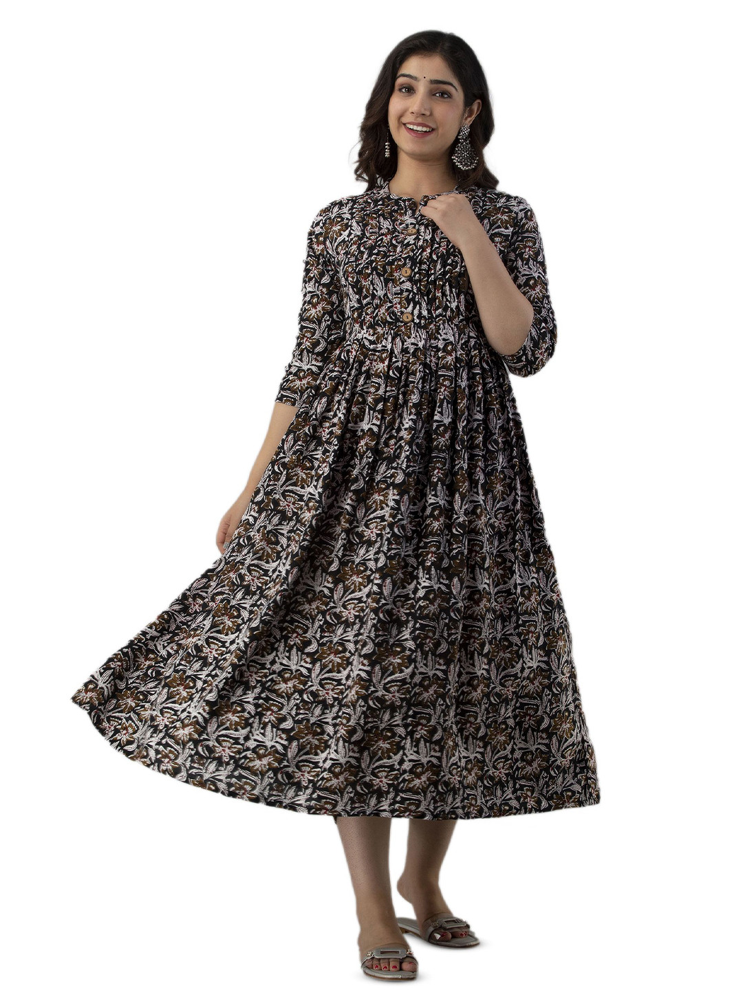 Charnest Printed Maternity Anarakali Black Rayon Ethnic Dress