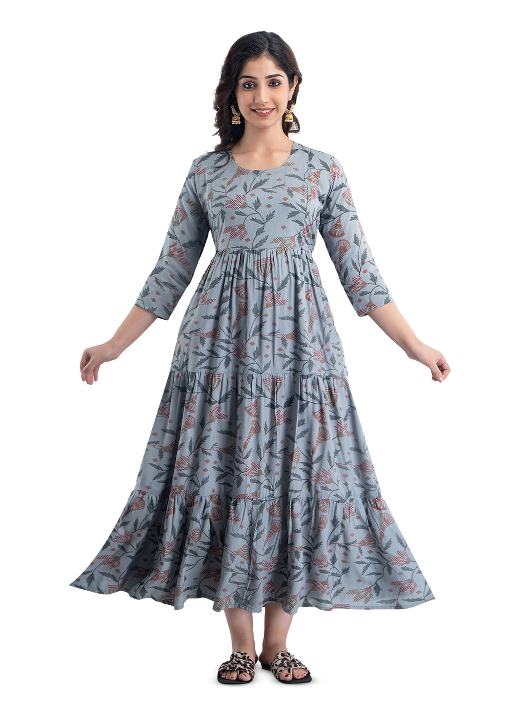 Charnest Printed Fit and Flared Grey Midi Dress