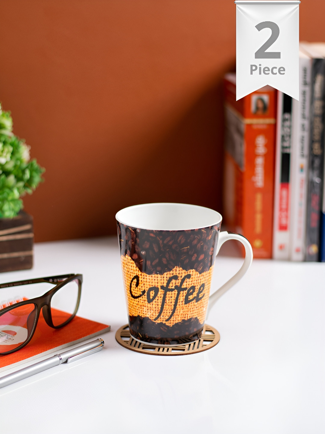 JCPL Nazar Brown Typography Ceramic Microwave Safe 2 Piece Mug-340ml