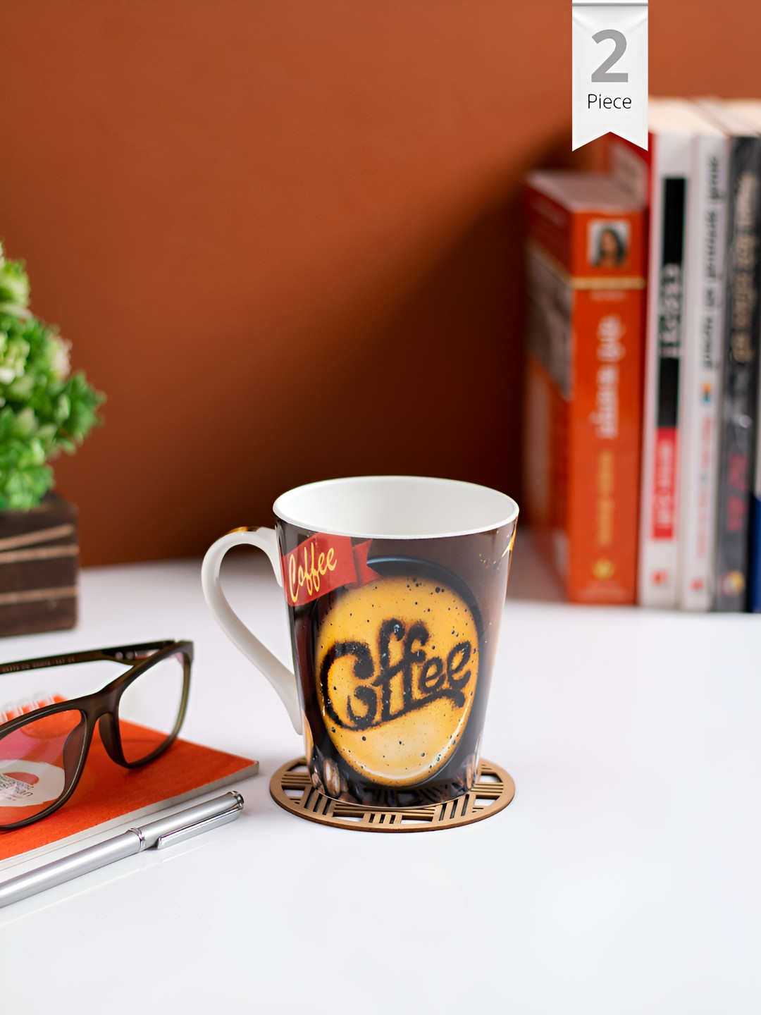 JCPL Alphabets With Fruits Brown Typography Ceramic Easy to Clean 2 Piece Mugs-340ml