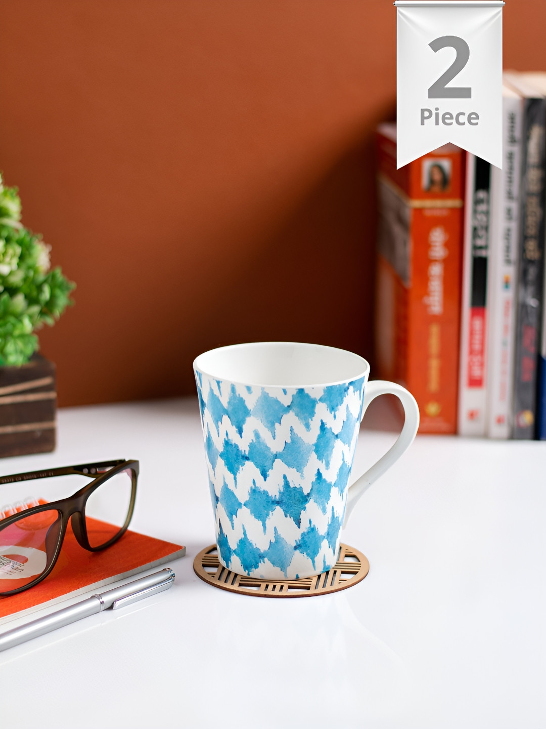 JCPL Mom White Abstract Ceramic Handmade 2 Piece Mugs-340ml