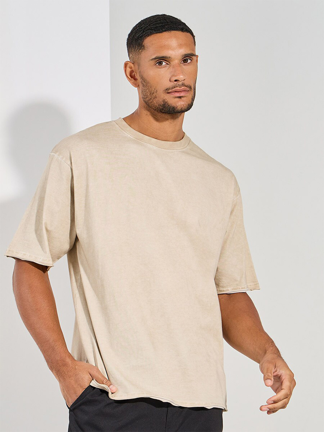 Styli Beige Overdyed Washed Oversized Cotton T-shirt with Raw Edge Sleeve
