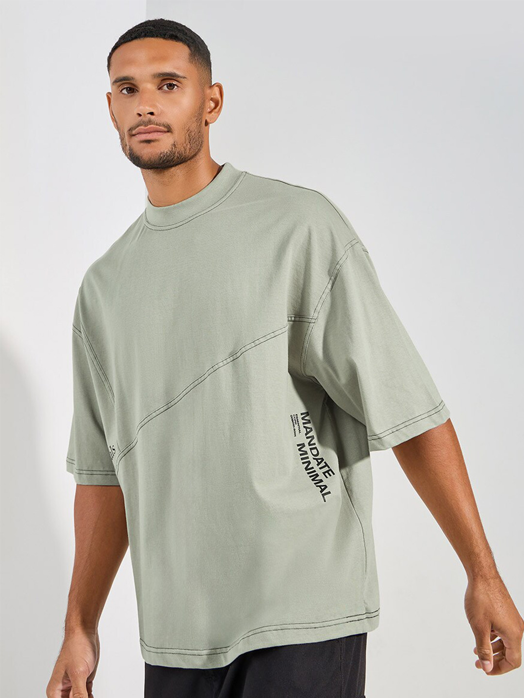 Styli Grey Contrast Stitch Detail Cotton Boxy Fit T-shirt with Wide Neck Rib