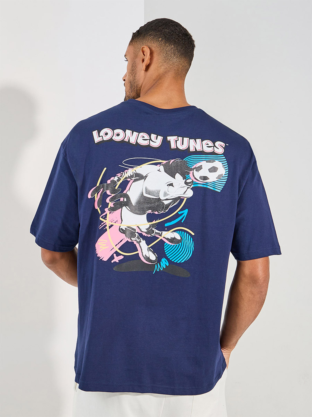 Styli Navy Blue Taz Looney Graphic Print Compact Cotton Oversized T-shirt