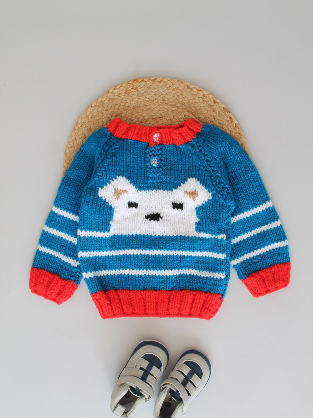 Woonie Boys Handknitted Blue & Multi Bear Baby Pullover
