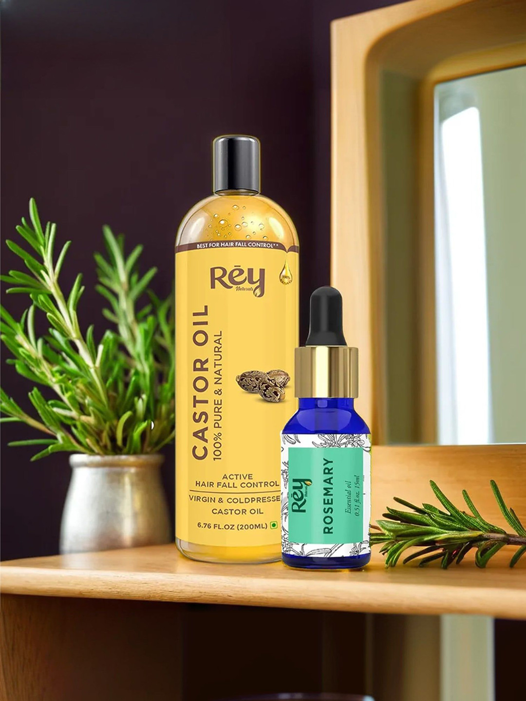 Rey Naturals Set Of 2 Rosemary Essential Oil & Castor Oil - 15 ml- 200 ml