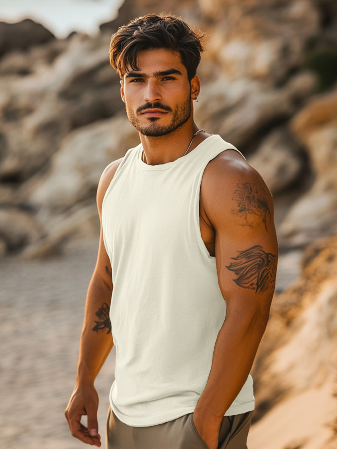 VEIRDO Men Solid Pure Cotton Sleeveless T-shirt with Mask