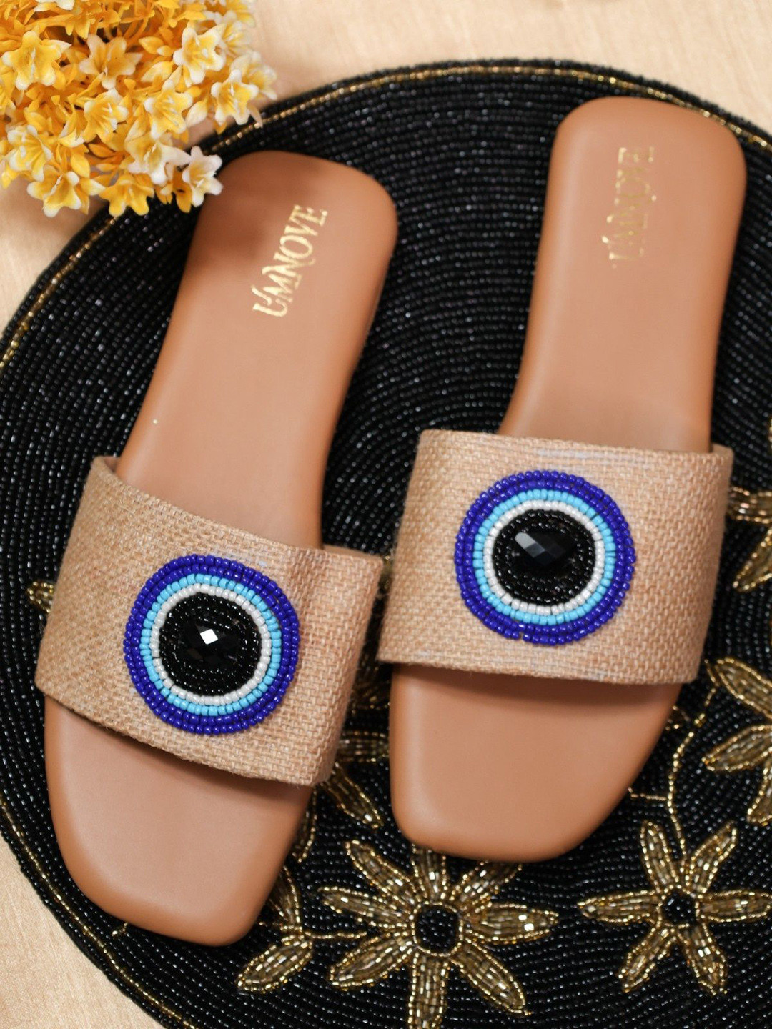 UMNOVE Women Evil Eye Design Jute Open Toe Flats