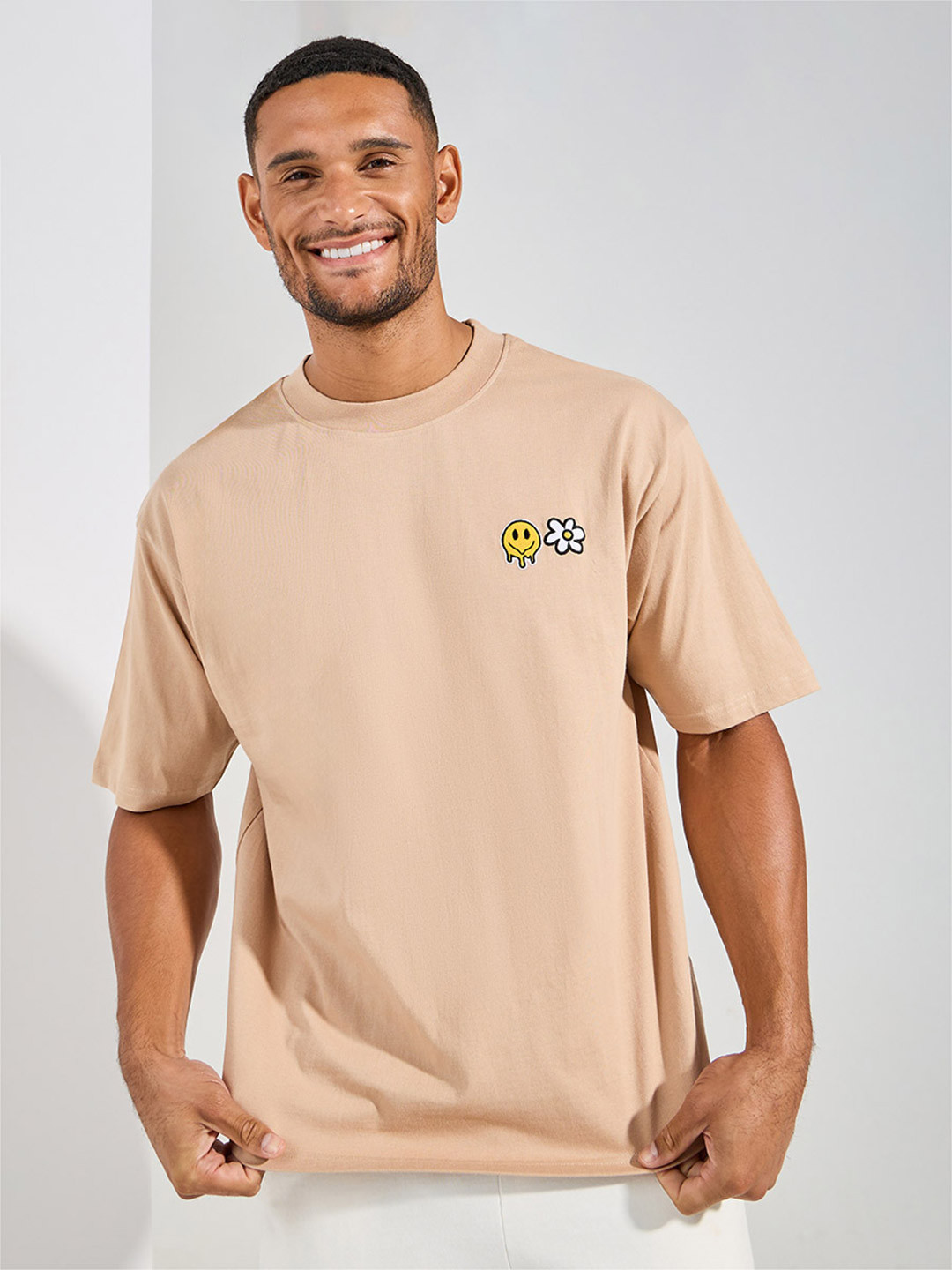 Styli Beige Chest Badge Cotton Oversized Fit T-shirt with Mock Neck Detail