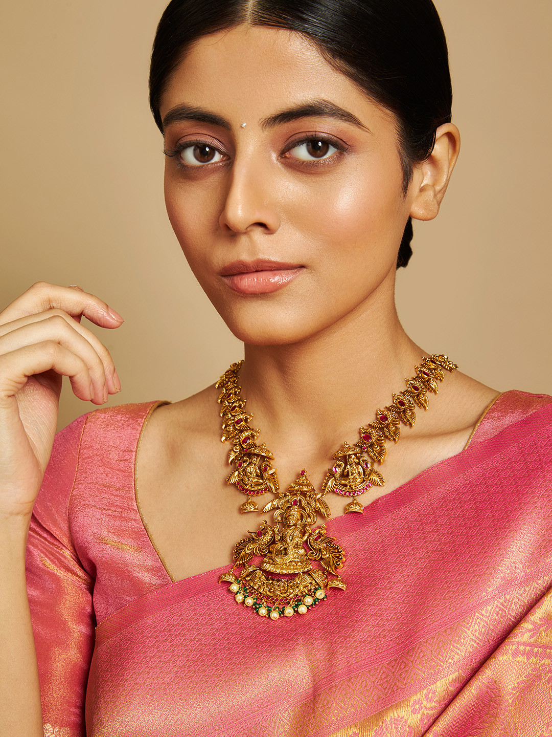 Kushal's Fashion Jewellery Embellished Bridal Pure Silver Gold-Plated Temple Necklace