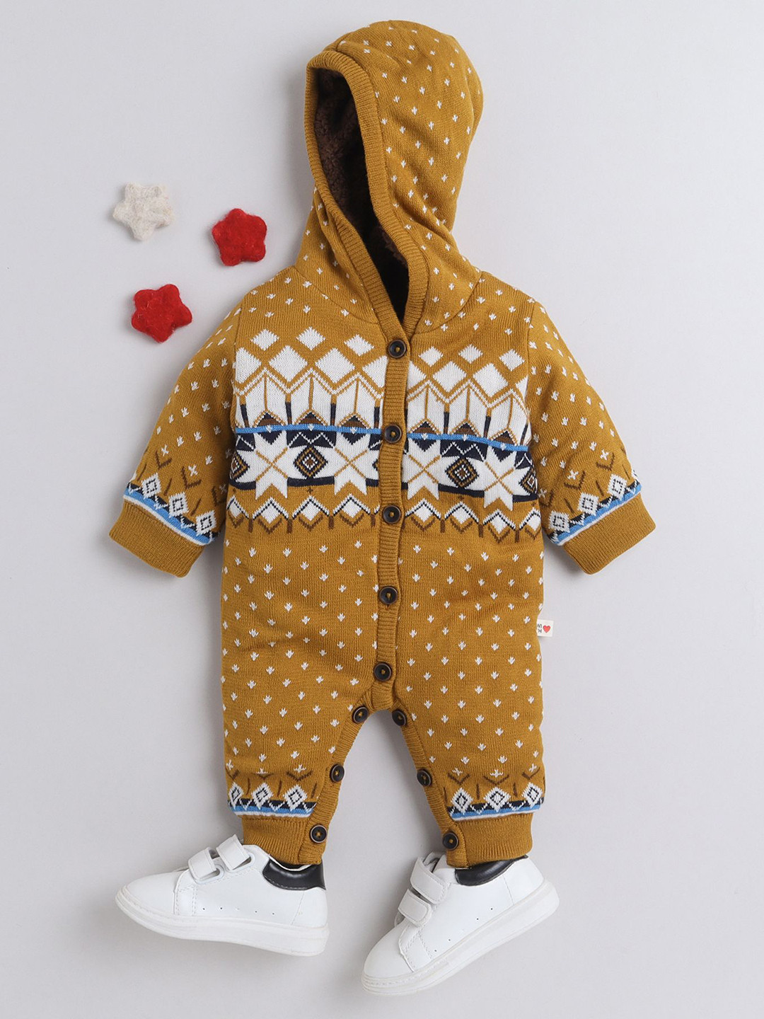 Yellow Apple Infants Hooded Full Sleeve With Inner Fleece Woolen Rompers