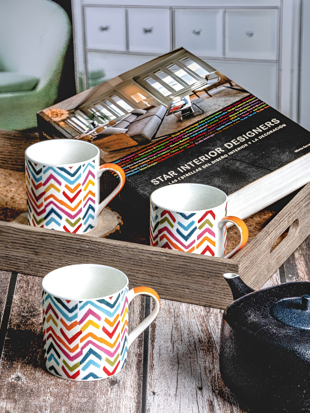 GOODHOMES Happy Looks Good On You Quotes White Chevron Bone China Handmade 6 Piece Mugs-350ml