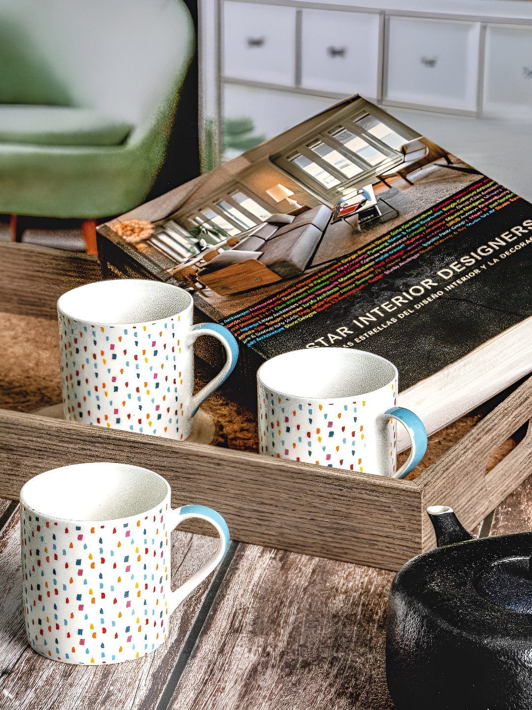 GOODHOMES Galah White Geometric Bone China Microwave Safe 6 Piece Mugs-220ml