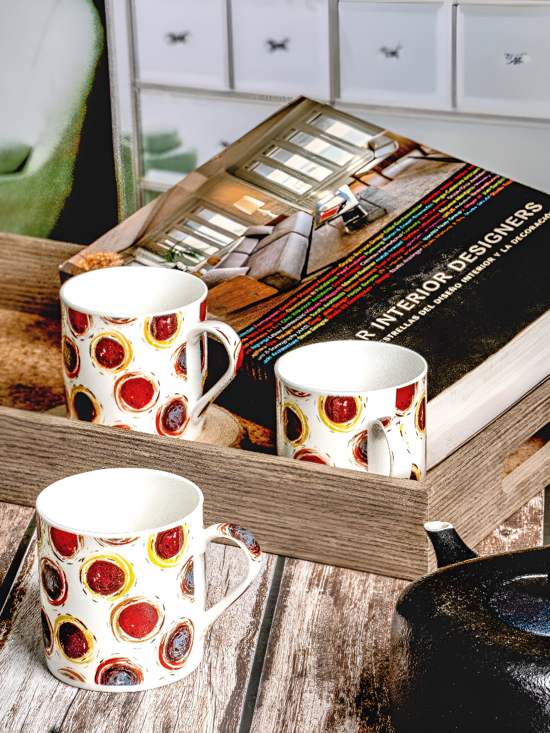 GOODHOMES White Geometric Bone China Microwave Safe 6 Piece Mugs-220ml