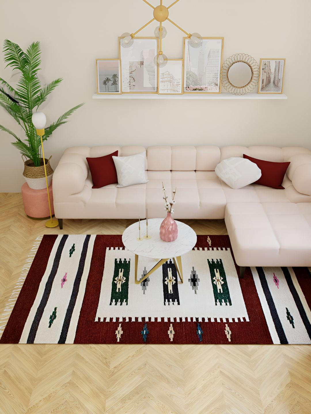 Exotic India Apple Butter Woven Stripes and Motifs Pure Wool Kilim Dhurrie