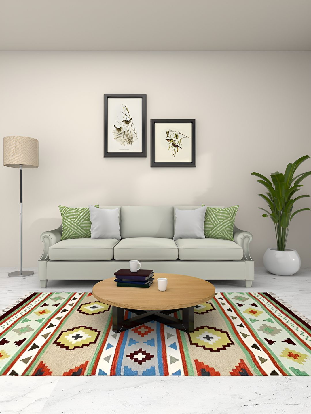 Exotic India Ivory Woven Multicolor Stripes and Motifs Kilim Dhurrie