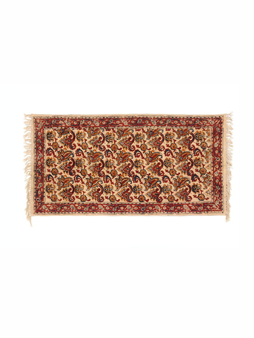 Exotic India Red Kalamkari Jute Dhurrie with Printed Floral Vines