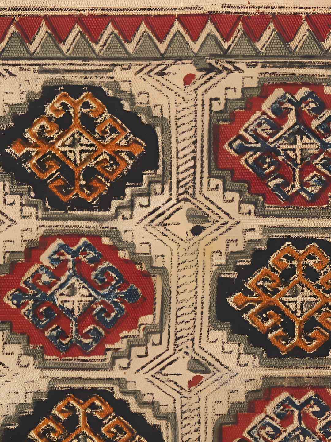 Exotic India Red and Black Kalamkari with Tile Pattern Jute Dhurrie